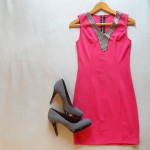 Hot Pink Dress with Beaded Neckline